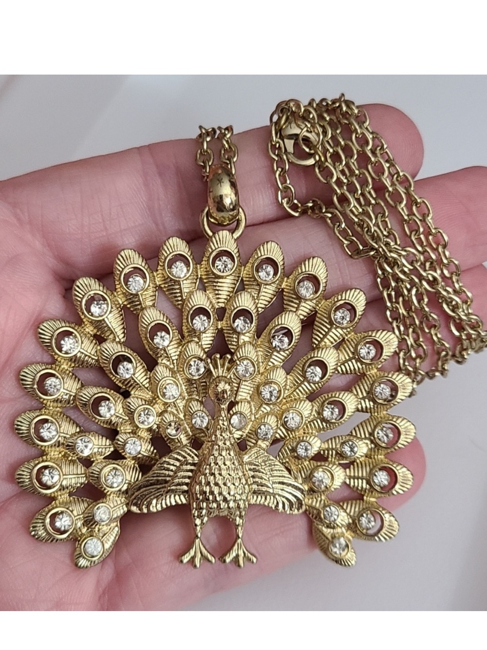 Big Peacock Necklace Pendant Gold Rhinestones Vintage Estate 90's Y2k Glam 🦚⭐️✨